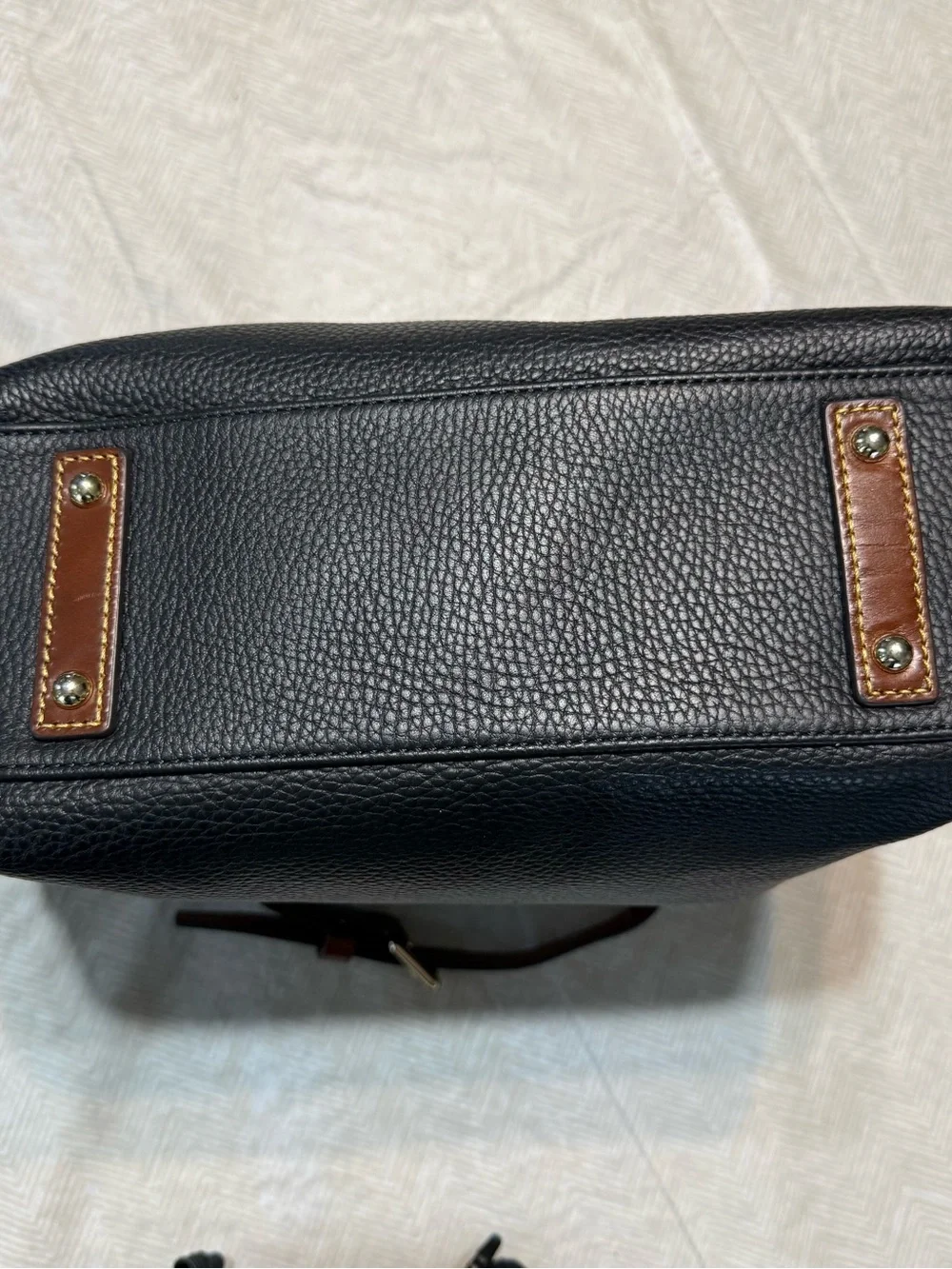 Dooney & Bourke Black Pebbled Leather Derby Hobo with Brown Strap Gold Hardware